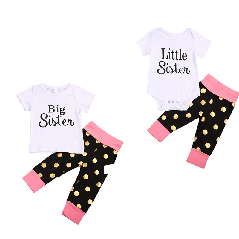 

Sisters Matching 2PCs Clothing Set Infant Baby Girl Little Big Sister Bodysuit T-shirt Tops Polka Dots Pants Outfit Clothes
