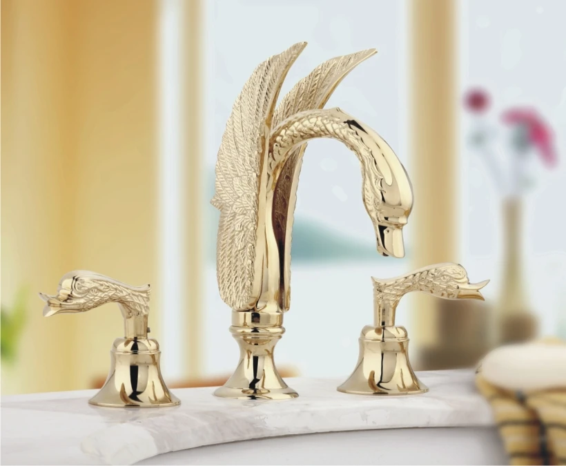 

Free shipping 3 PIECEs gold clour 24 CM swan sink faucet widespread lavatory sink faucet mixer tap