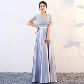 

2019 New V neck Silver Pink Pearls Zipper Back With Jacket Party Formal Dress Short Sleeve Beads Sexy Long Evening Dresses