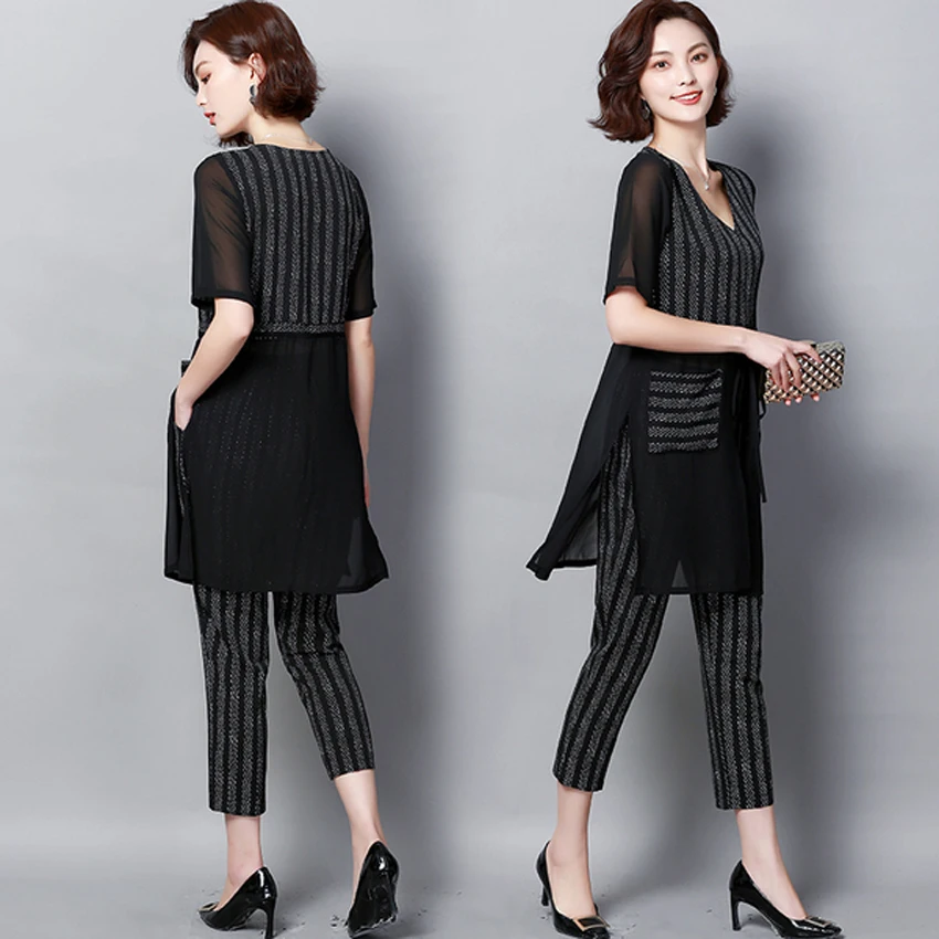 

2019 Summer Two Piece Outfits Tracksuits for Women Co-ord Set Plus Size Large 3xl 4xl 5xl Pants Suits and Top Striped Clothing