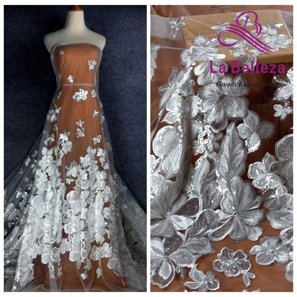 

La Belleza 2019 new big flowers polyester with silver sequins on mesh embroidery wedding dress lace fabric 1 yard 51" width