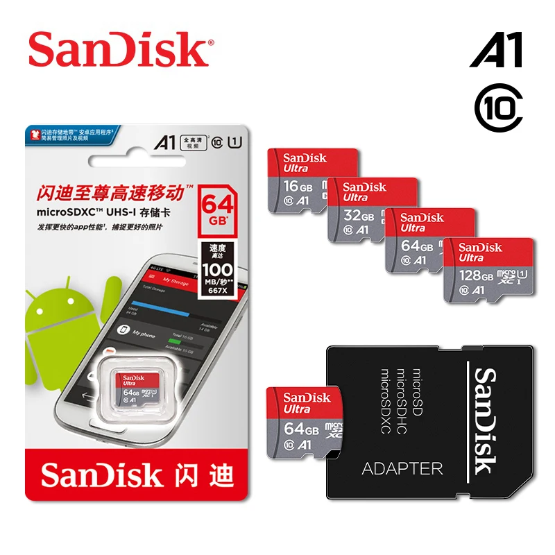 Карта памяти SanDisk 16 ГБ 128 Гб 64 Гб 100 МБ/с., 32 ГБ, Micro sd карта, A1 Class10 UHS-1 флэш-карты памяти Microsd TF/sd карты s для планшета