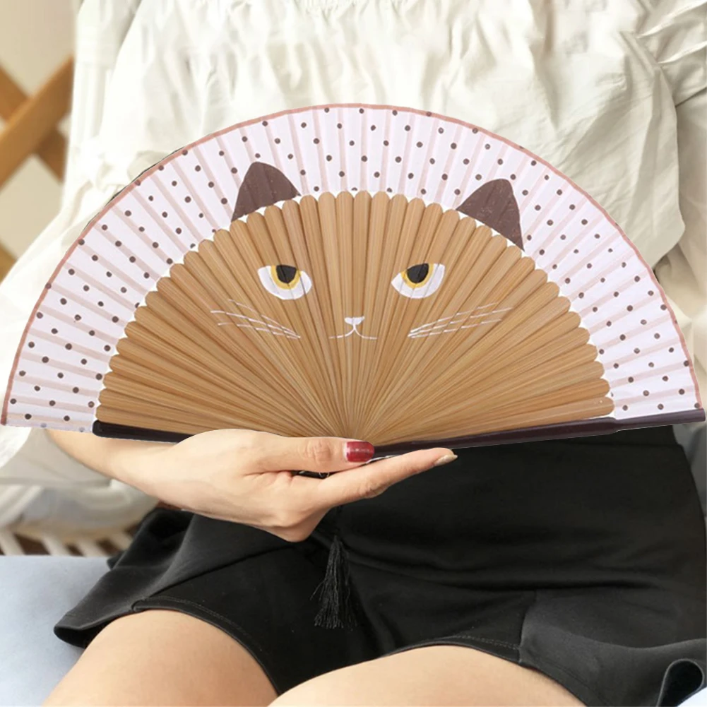 Cartoon Folding Fan Cute Cat Hand Painted Summer Silk Bamboo Pocket for Home Decor Wedding Gifts Party Supplies | Дом и сад