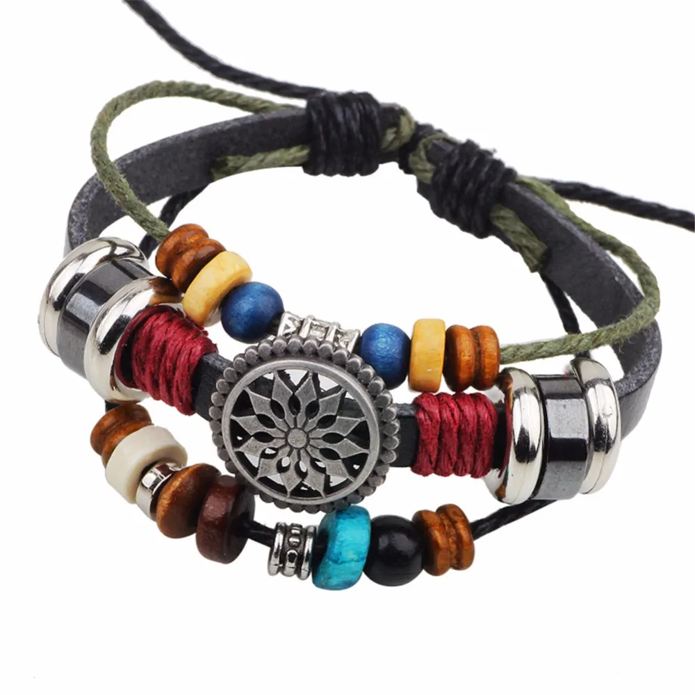 

Druzy Punk Design Wood Beads Bracelets Wristband Bohemia Genuine Leather Bracelet Ethnic Vintage Jewelry Women Men Bijouterie