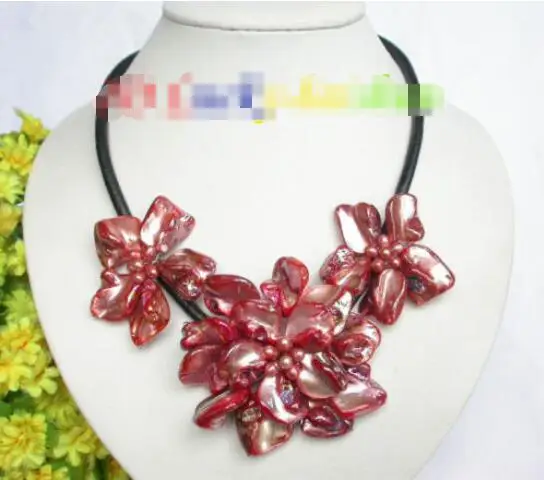 

Free shipping hot sale Women Bridal Wedding Jewelry >>Genuine Handmade bloom red pearl seashell choker leather necklace