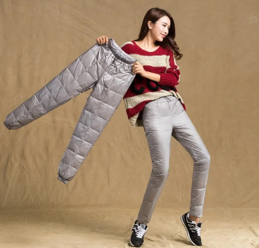 Зимние Пуховые штаны для женщин, повседневная верхняя одежда, эластичная талия, зимние утепленные брюки размера плюс, теплые - Цвет: Серый