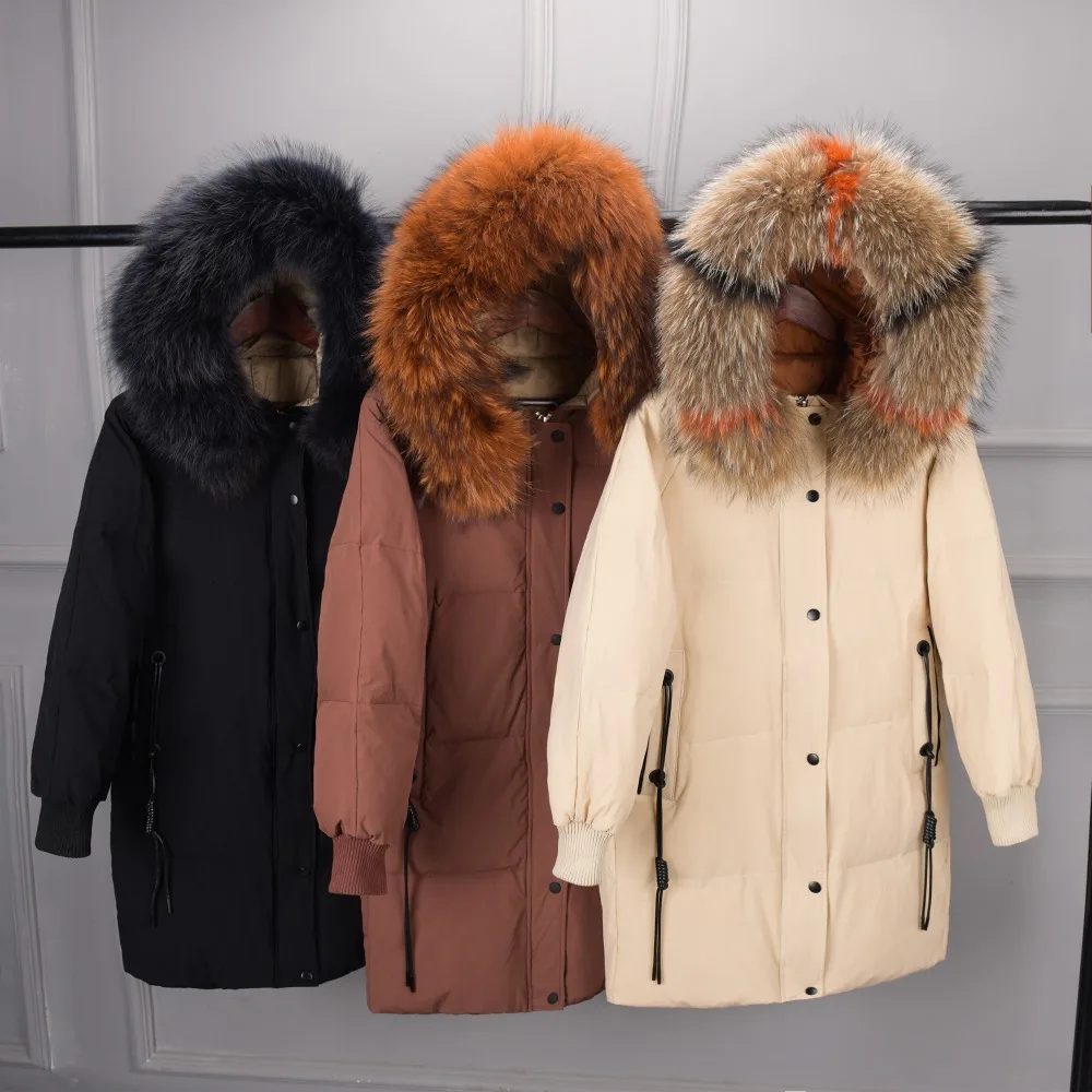 Зимняя теплая Женская куртка на утином пуху с капюшоном большого размера, натуральный мех, воротник, длинные пуховики, парки, женская Свободная куртка, толстая верхняя одежда RH1077