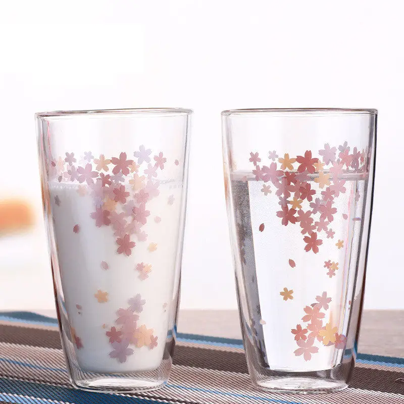 Японской Вишни с двойными стенками, Стекло чайная чашка, сок выпить стакан творческий Кружка для молока изоляционные прозрачные Стекло