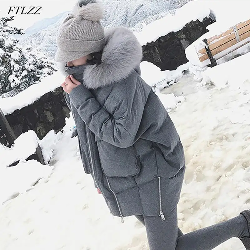 FTLZZ зима 90% белый утиный пух парки женские натуральный меховой воротник тонкий с капюшоном серые куртки женские теплые зимние пуховики - Цвет: Gray