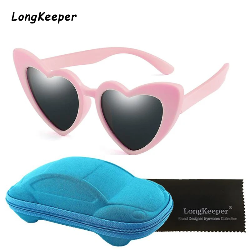 Новые поляризованные солнцезащитные очки для детей, девочек и мальчиков, солнцезащитные очки с сердцем, детские очки TR90 UV400, детские очки с футляром - Цвет линз: pink grey blue case