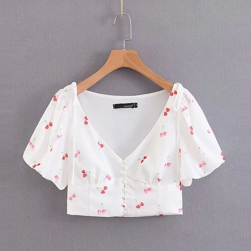 أنيقة خمر الكرز العميق v الرقبة الأبيض البلوزات و قمم نفخة كم واحد الصدر الصيف قميص مصمم جديد الجدد 2019