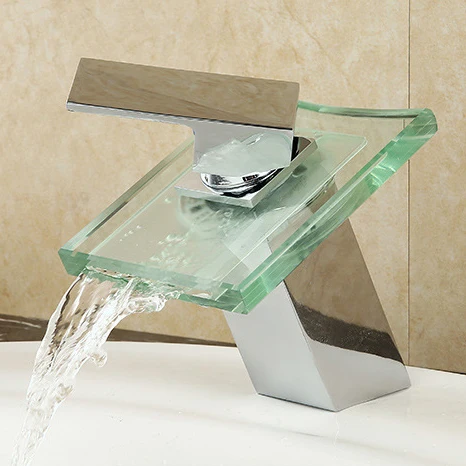 

Contemporary Single handle square glass waterfall Water Outlet sink deck mounted basin faucet A1007