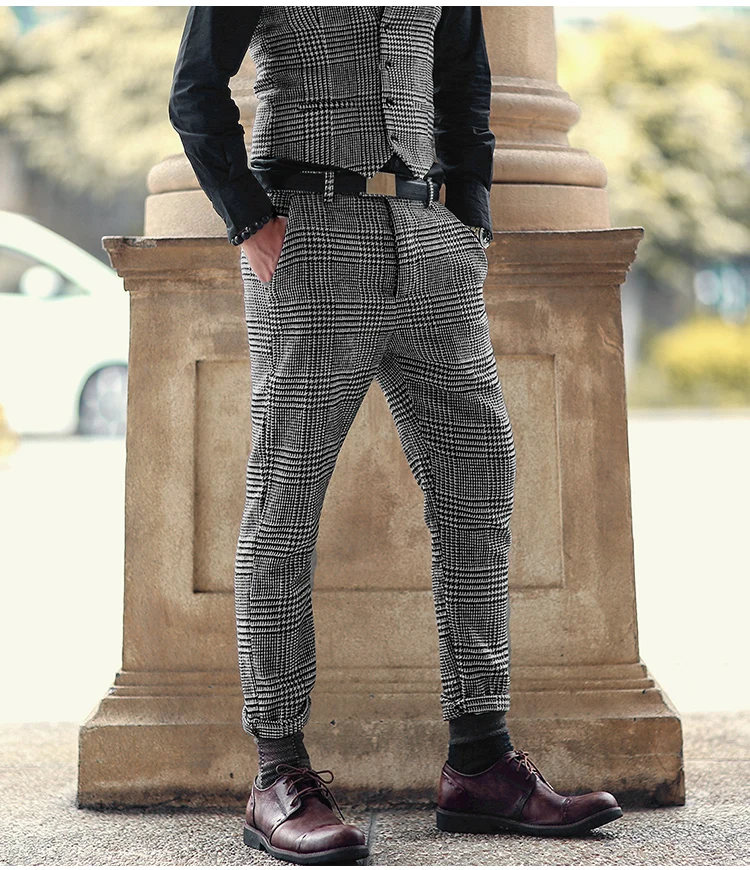 Новый Метросексуал мужские зимние Европейский стиль плед тонкий стрейч шерстяные повседневные штаны мужские деловые модный бренд длинные