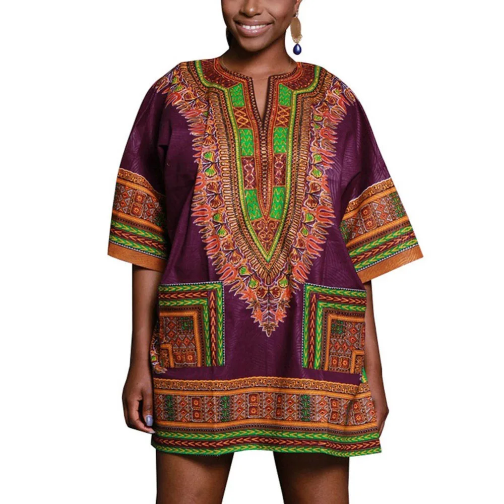 BOHISEN африканская женская одежда плюс размер Дашики Половина рукава традиционный Африканский узор v-образным вырезом Мини платье с 2