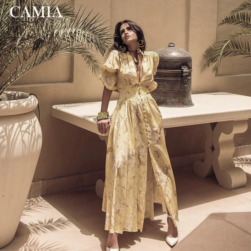 

CAMIA new casual printed women's dress V-neck puff sleeve high waist single-breasted midi dress