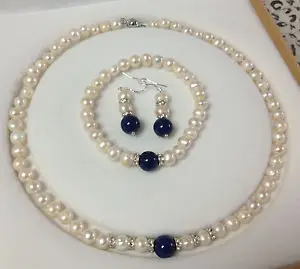 

hot Free shipping 7-8mm White Akoya Cultured Pearl/Lapis Lazuli bracelets necklace earrings set18