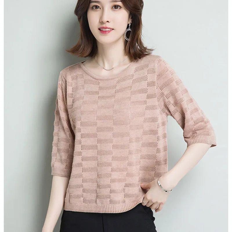 

Summer Half Sleeve Women Knitted Tops Casual Crochet Hollow Out Pullovers Thin O-Neck Jumper Knit Korea Knitwear Female Tops