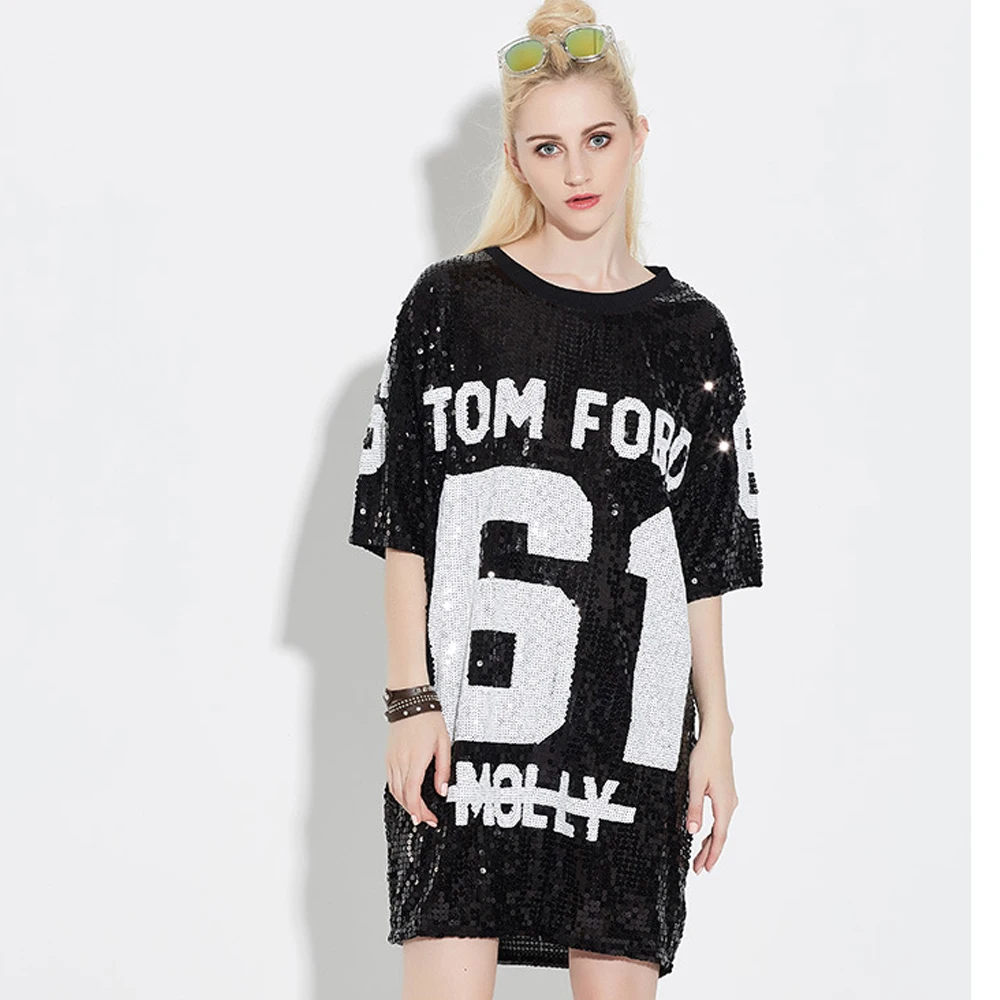 

2019 Women Summer Dress Loose Plus Size Vestidos Glitter Sequined T Shirt Dress Letter Print Club Wear Free Shiping