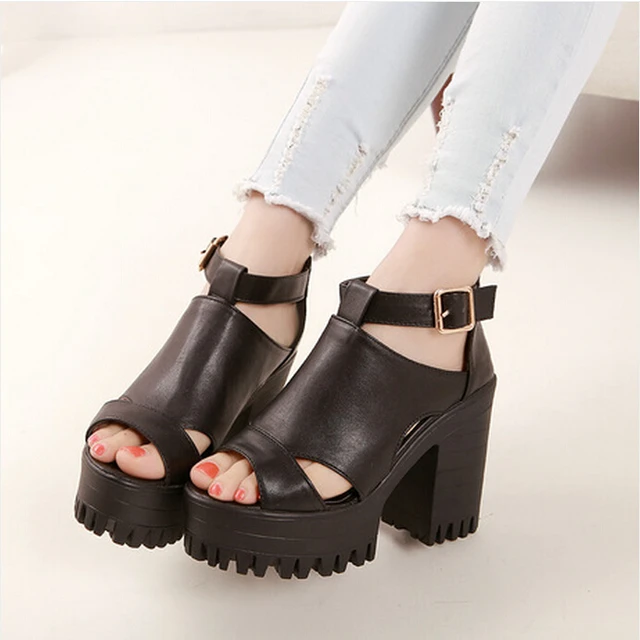 Open Toe 2015 Caged Summer Women Shoes Black Leather Peep Toe Flat ...