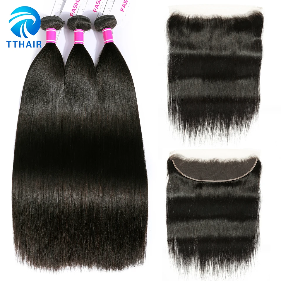 

Brazilian Straight Hair With Closure Natural Color 3 Bundles With lace Frontal 13x4 Ear to Ear Free Part 100 Human Hair Weave