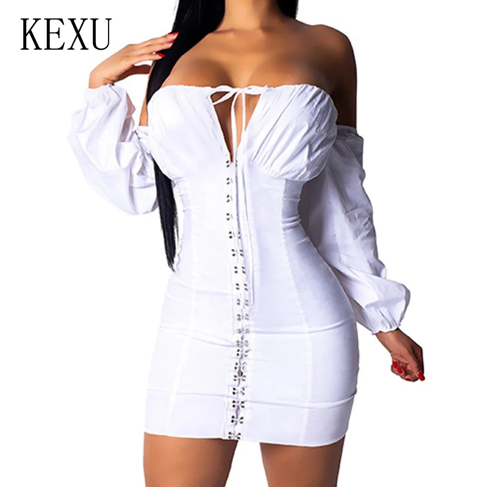 

KEXU Plus Size S-XXL Autumn Off Shoulder Long Sleeve Single-breasted Dress Sexy Hollow Out Bodycon Bandage Slim Mini Women Dress