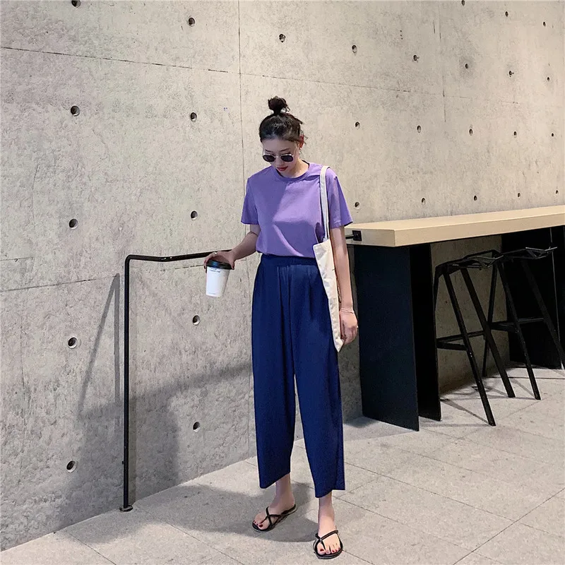 Woherb летние корейские свободные широкие брюки для женщин повседневные эластичные плиссированные брюки с высокой талией уличная одежда однотонные Pantalon Femme