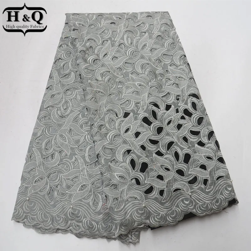 

Grey Hollow Design African Lace Fabric With Stones Swiss Voile Lace In 100% Cotton Fabric With Beads Super Quality For Clothing
