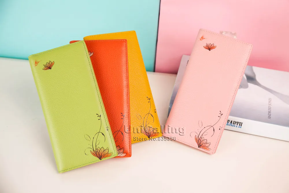 Новые женские Натуральная кожа бумажник 4 яркие цвета с цветочным рисунком женские кошелек модный бренд длинные женские кожаный кошелек