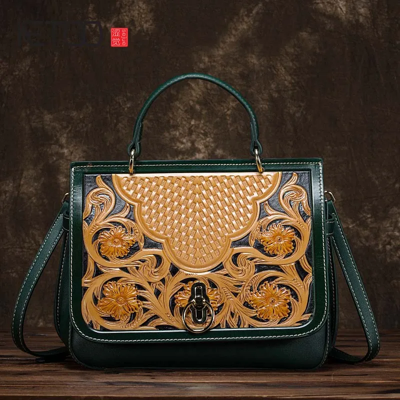 

AETOO Women Vintage Cowhide Messenger Bag Luxury Retro 100% Genuine Leather Handbags Female lock Shoulder Bags