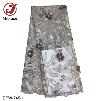 

Luxury 3d Embroidery Lace Fabric with Beading Flower 5 Yards Sequin French Net Lace Fabric for Wedding Dresses DPW-745