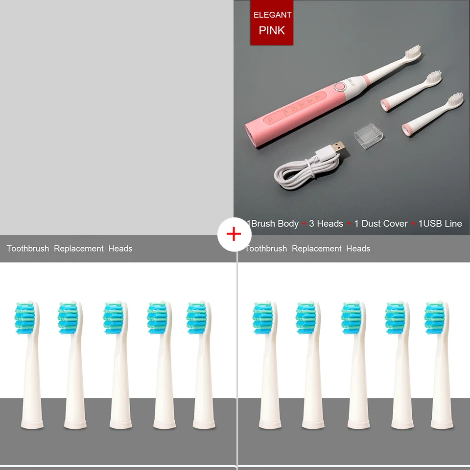 Электрическая зубная щетка, звуковая волна, перезаряжаемая, высокое качество, умный чип, головка зубной щетки, сменная, отбеливающая, здоровый, лучший подарок - Цвет: Pink10Heads