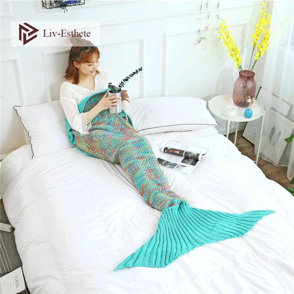 

Liv-Esthete Fashion Green Color Mermaid Throw Blanket Knitted Handmade Blanket Super Sofa Best Gift For Adult Kids Child Blanket