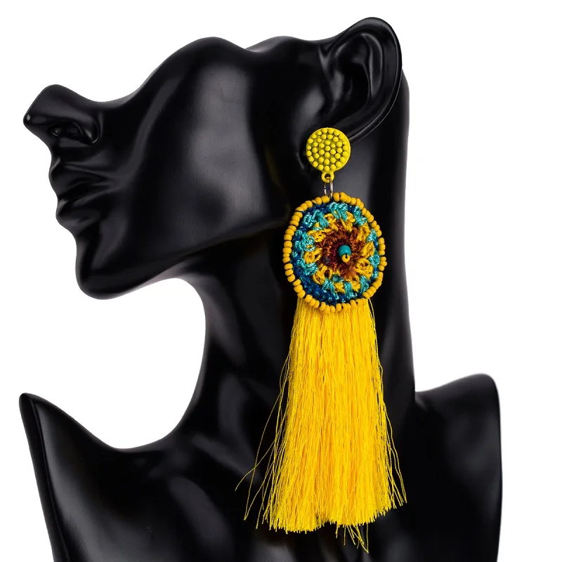 Этническое винтажное желтое длинное кольцо с кисточкой, серьги макси, хлопок, шерсть, шелк, нить Bohe, большой цветок, бусы, серьги для женщин, ювелирное изделие