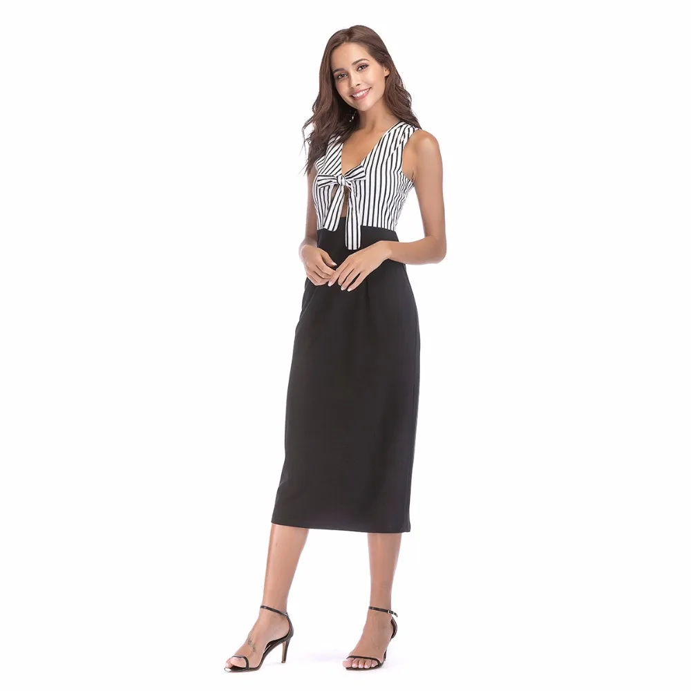 

2018 New Fashion Women Dress Oversized 4XL Deep V Neck Sexy Hot Patchwork Striped Mid Calf Dressses Female Summer Gift Vestidos