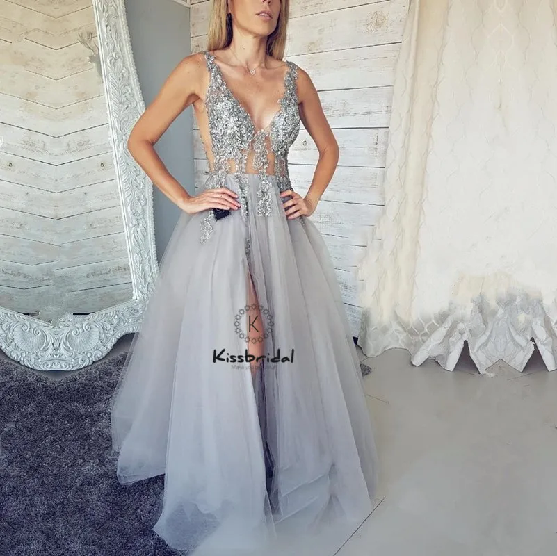 Vestido formatura Sexy спинки платья выпускного вечера Длинные Аппликации Тюль Вечеринка платье высокий разрез v-образным вырезом