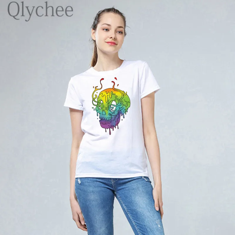 Qlychee Harajuku хит цвета женские футболки Летние расплава череп женские футболки свободные женские футболки