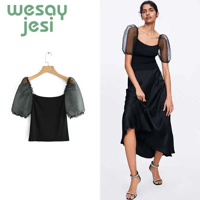 

2019 Summer fashion Ladies Black Tops Chiffon Shirts Blouses Women black square collar sexy women's tops