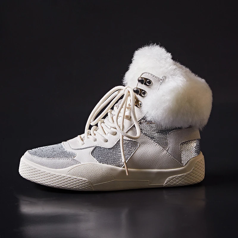 

Luxury Bling Genuine Leather Sneakers Women Flat Ankle Boots Winter Fur Combat Boots Ladies Black White Short Snow Boots Woman