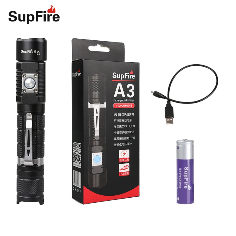 

LED Flashlight Supfire A3 Torch Light Lanterna USB Flash Light El Feneri Linterna LED for Fenix Nitecore Latarka Zaklamp S126