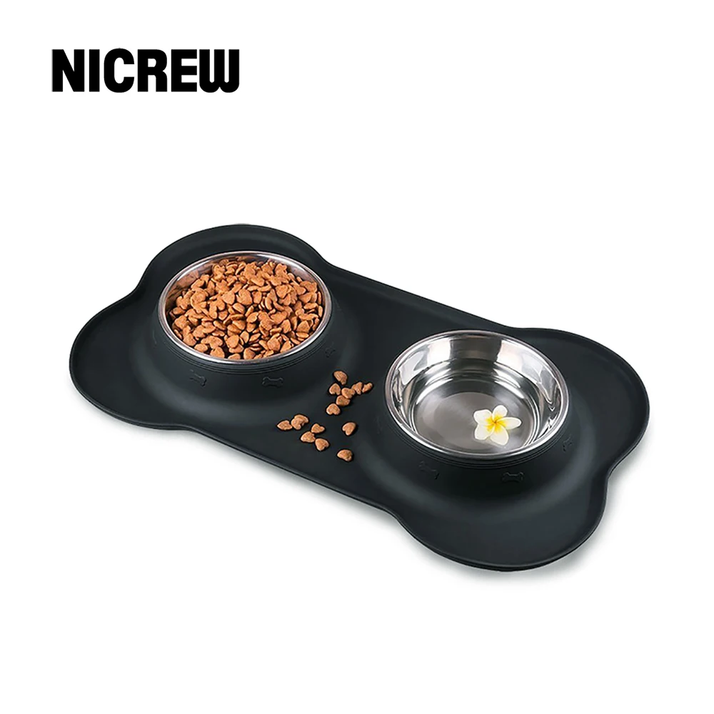 VIVAGLORY Dog Bowls, Dog Food Bowls, Stainless Steel Cat Puppy Water Bowls With Non Spill Skid Resistant Silicone Mat, Small, Black