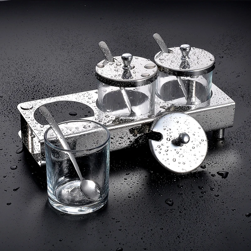 

304 stainless steel condiment pot set, glass condiment box kitchen three sets salt and pepper set spice jar