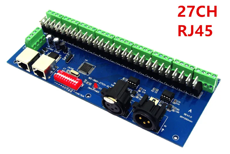 

wholesale 27CH Channel with RJ45 9 group max 3A DMX512 XPL 3P LED Decoder controller for DC12V-24V RGB led module strip lights