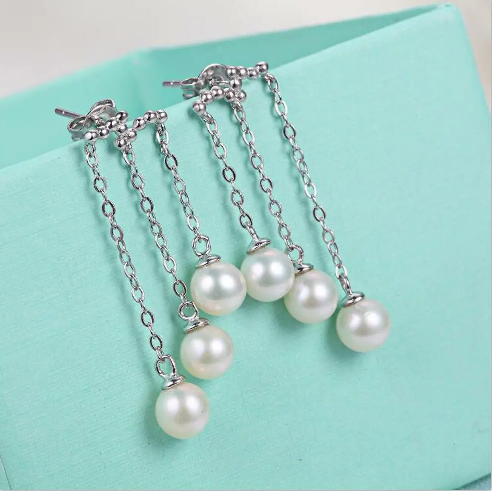 New 925 sterling silver three pearl tassel earrings long female t0266