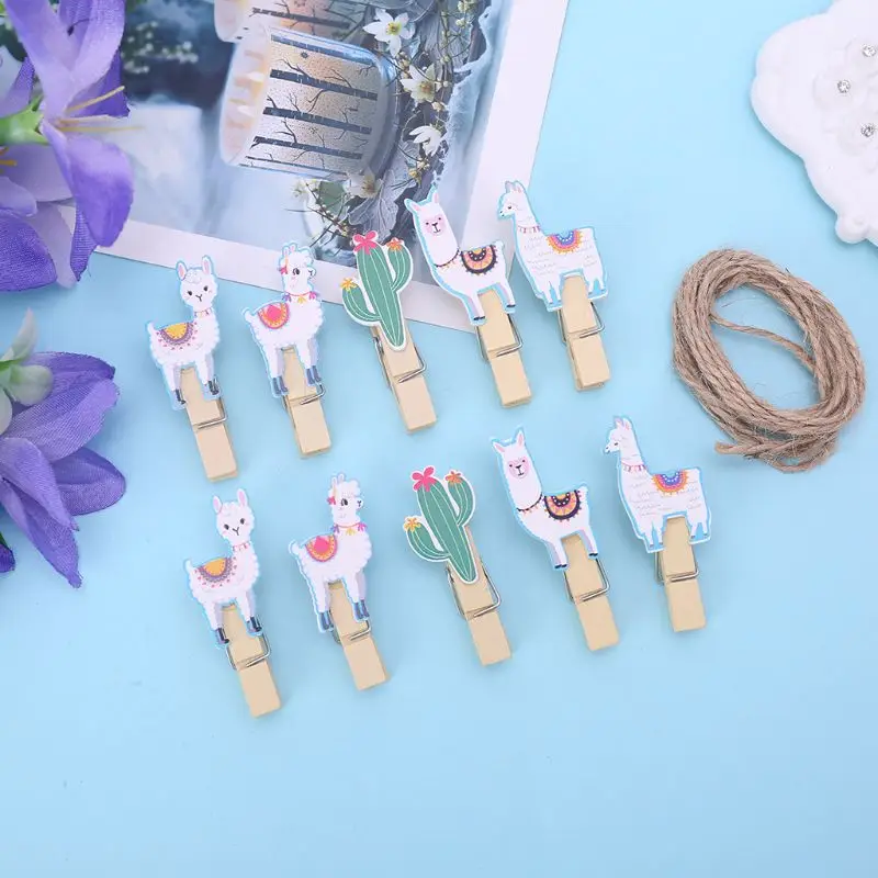 

10Pcs/Set Colored Ethnic Alpaca And Cactus Printed Wooden Note Memo Photo Pegs Paper Tag Clips Holder DIY Craft With Hemp Rope