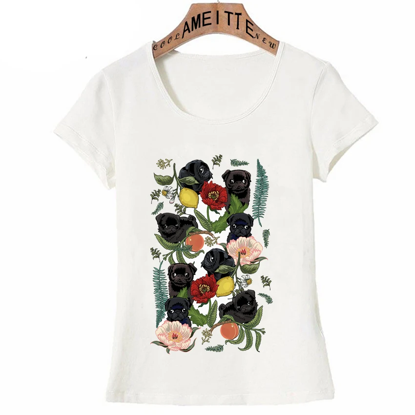 

Summer Fashion Women t-shirt Colorful Botanical and Black Pugs Print T-Shirt Cute Dog Cat Design Casual Tops Cool Women Tees