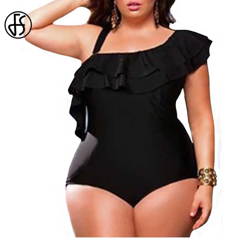 

FS Ruffled Plus Size Swimwear One Shoulder Women One Piece Swimsuit Monokini High Waist Sexy Bathing Suit Bodysuit Black Red 4XL