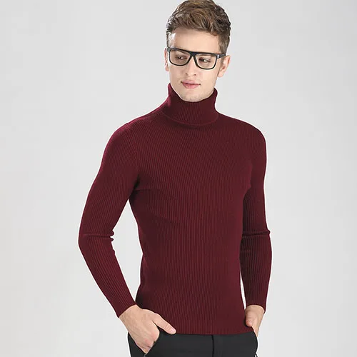 Высококачественный осенне-зимний Молодежный модный свитер с высоким воротом, мужской вязаный свитер, высокоэластичные мужские свитера и пуловеры - Цвет: Wine Ren