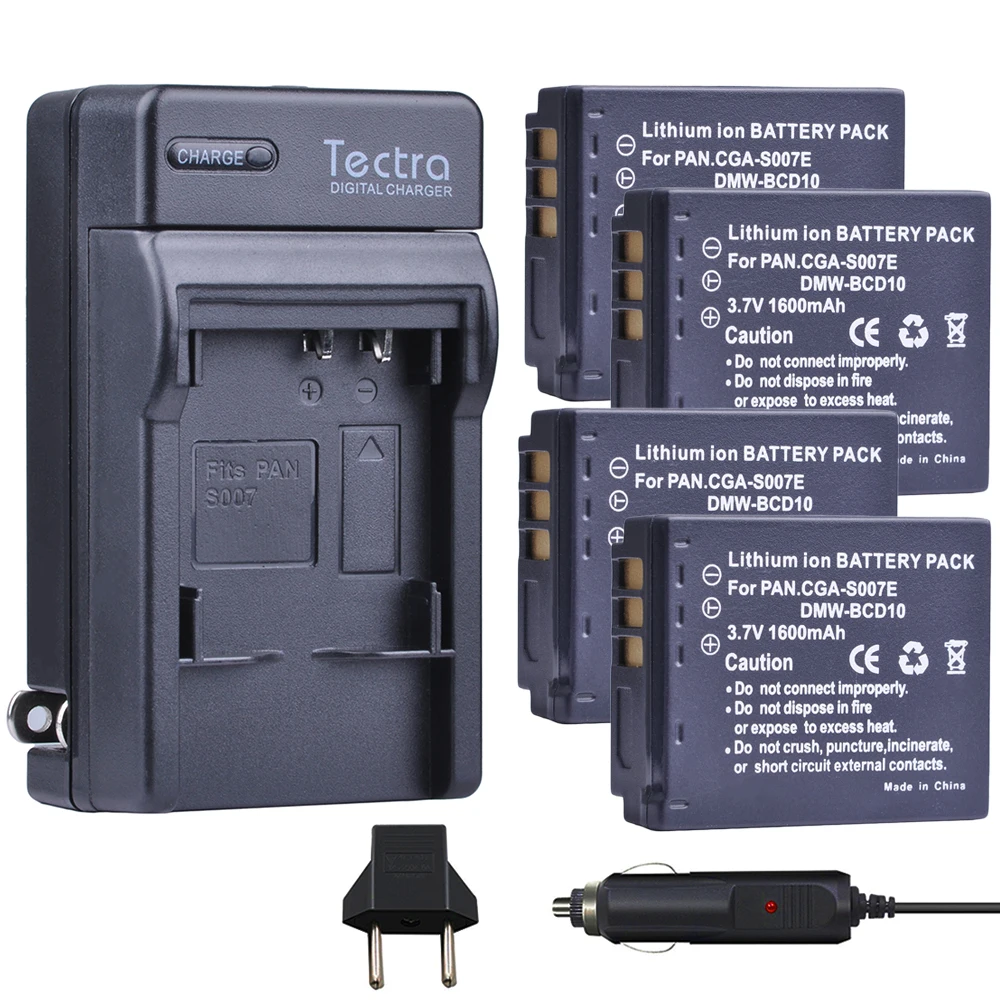 4Pcs DMW BCD10 CGA S007E Camera Battery + Digital Charger for Panasonic Lumix DMC TZ1 DMC TZ1BK