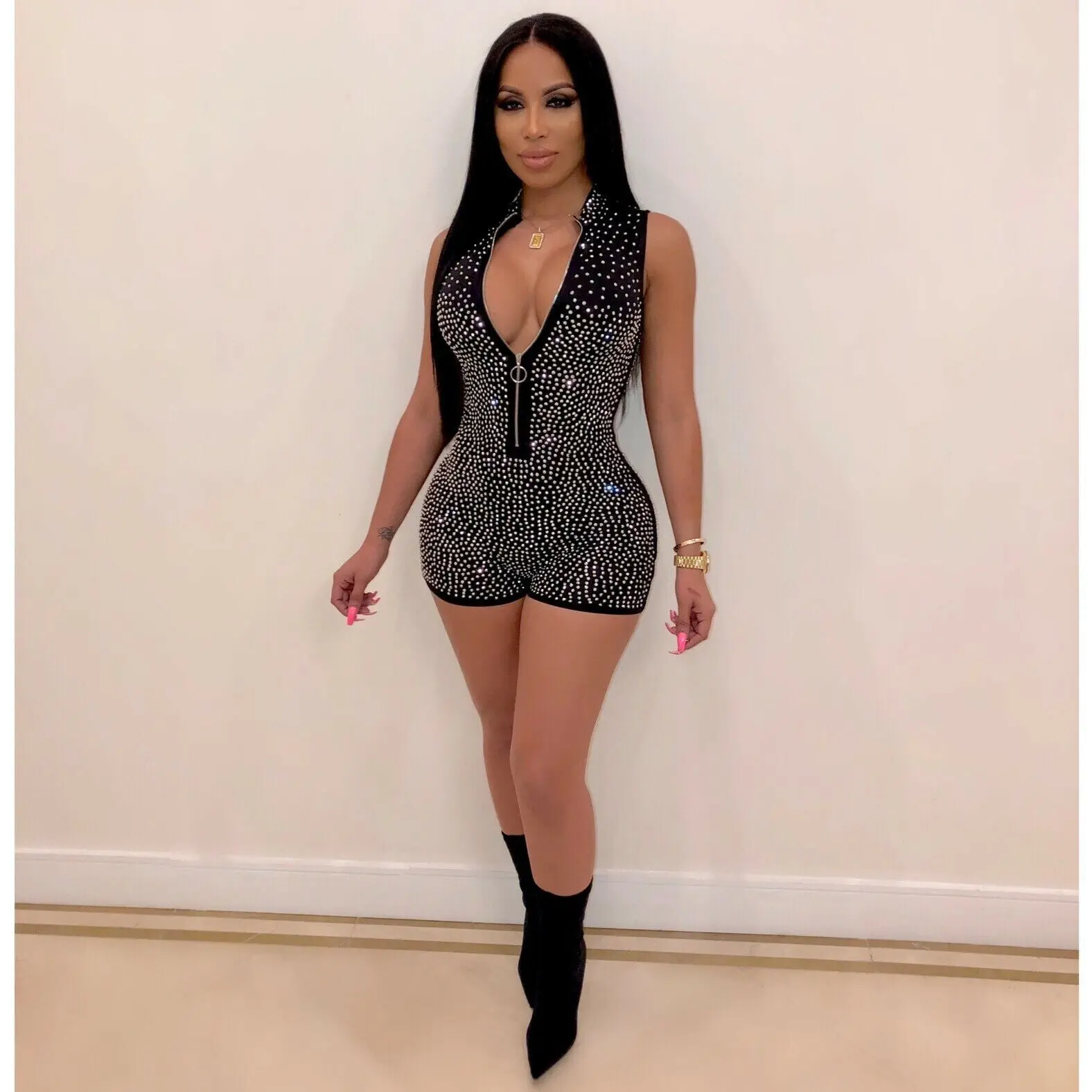 

Summer Sexy Women Bodycon Sequin Beading Zipper V-neck Short Jumpsuits Rompers Playsuits Skinny Sleeveless Party Club Clothes