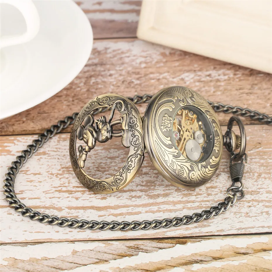 Бронзовые 3D Микки Маус римские цифры дисплей Механические карманные часы винтажные подвеска «скелет» часы ручной обмотки подарочные